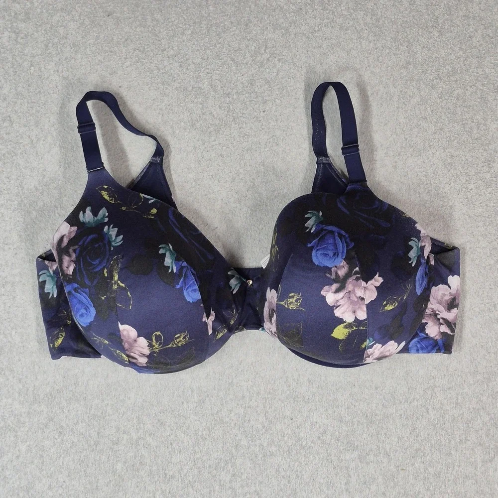 Cacique Women Bra 44DDD Navy Floral T Shirt Underwired Strap Adjustable